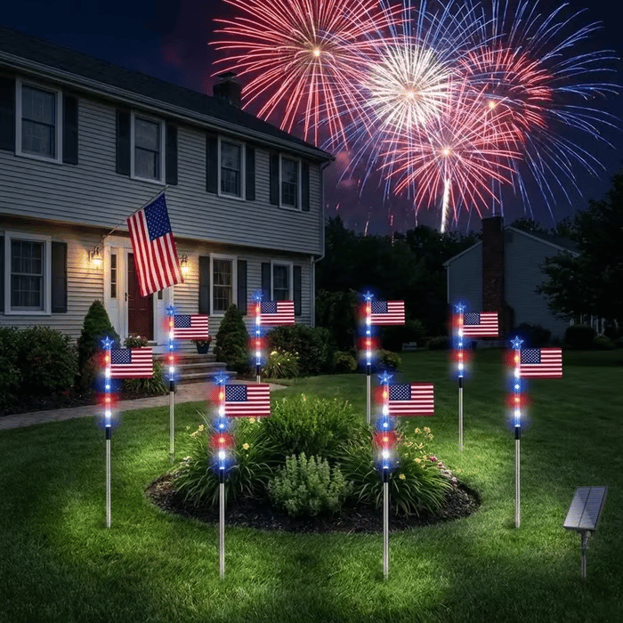 πUS 8-in-1 Solar American Flag Lights β 8 Modes Patriotic Pathway Decor β IP65 Waterproof Garden Stakes for July 4th & Memorial Day β¨