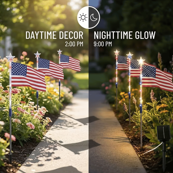 🎆US 8-in-1 Solar American Flag Lights – 8 Modes Patriotic Pathway Decor – IP65 Waterproof Garden Stakes for July 4th & Memorial Day ✨