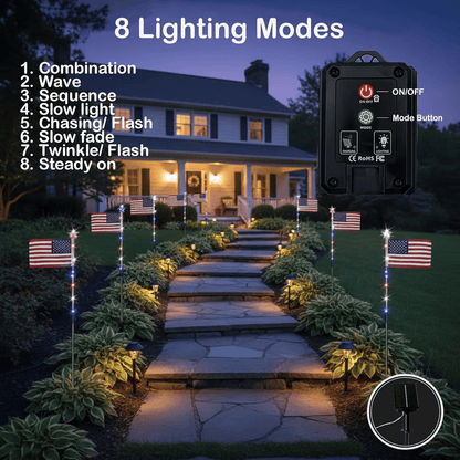 🎆US 8-in-1 Solar American Flag Lights – 8 Modes Patriotic Pathway Decor – IP65 Waterproof Garden Stakes for July 4th & Memorial Day ✨