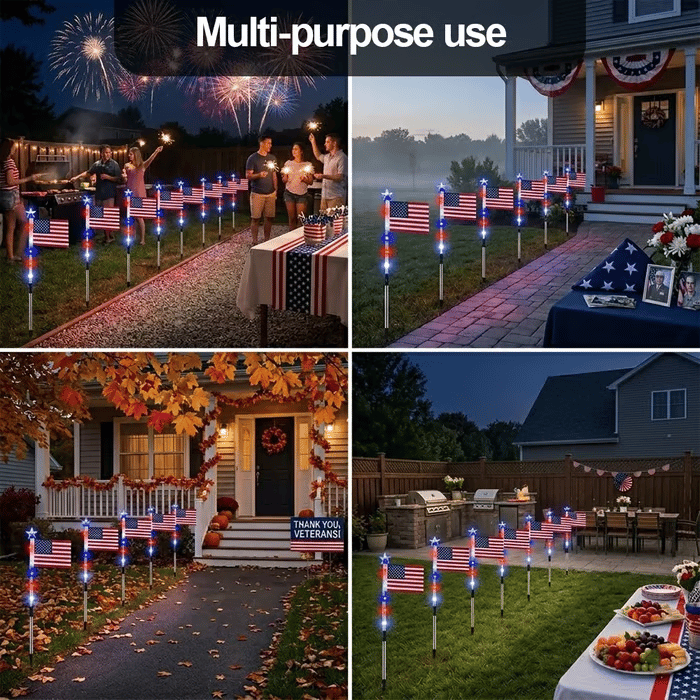 🎆US 8-in-1 Solar American Flag Lights – 8 Modes Patriotic Pathway Decor – IP65 Waterproof Garden Stakes for July 4th & Memorial Day ✨