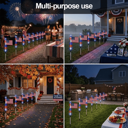 🎆US 8-in-1 Solar American Flag Lights – 8 Modes Patriotic Pathway Decor – IP65 Waterproof Garden Stakes for July 4th & Memorial Day ✨