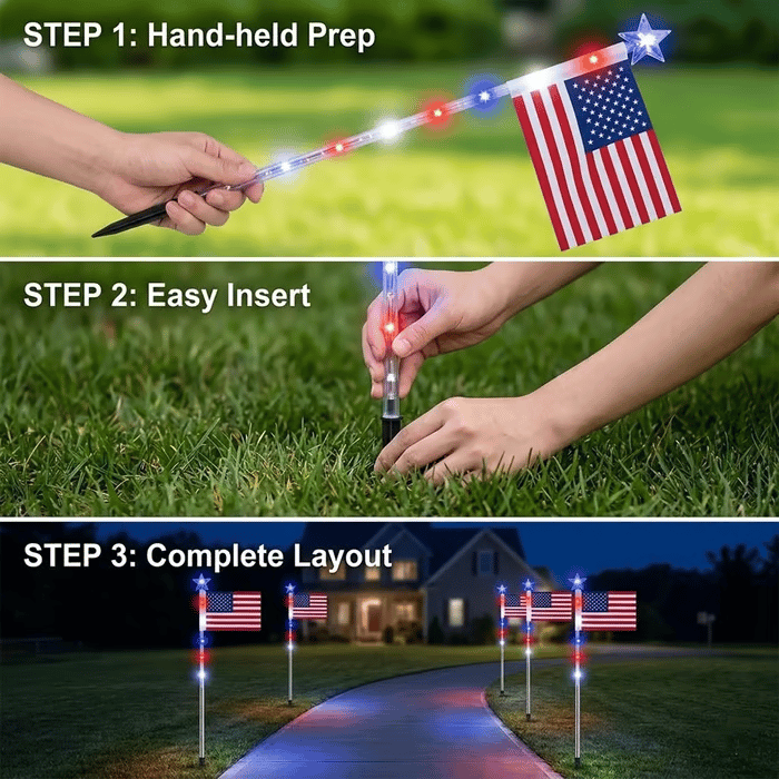 🎆US 8-in-1 Solar American Flag Lights – 8 Modes Patriotic Pathway Decor – IP65 Waterproof Garden Stakes for July 4th & Memorial Day ✨